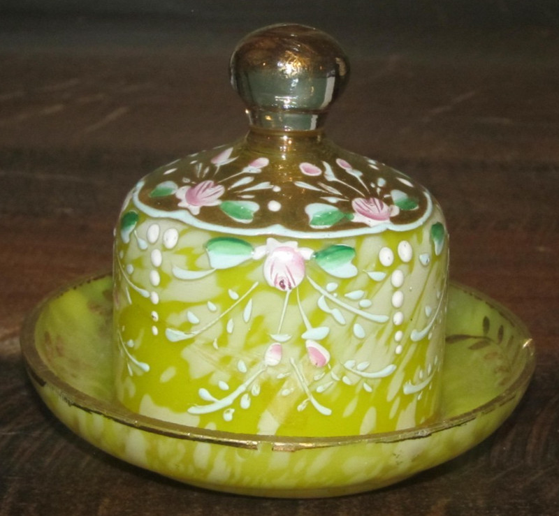 Vintage Yellow Floral Painted Butter Pat Dish Holder Cadmium UV Glows Orange
