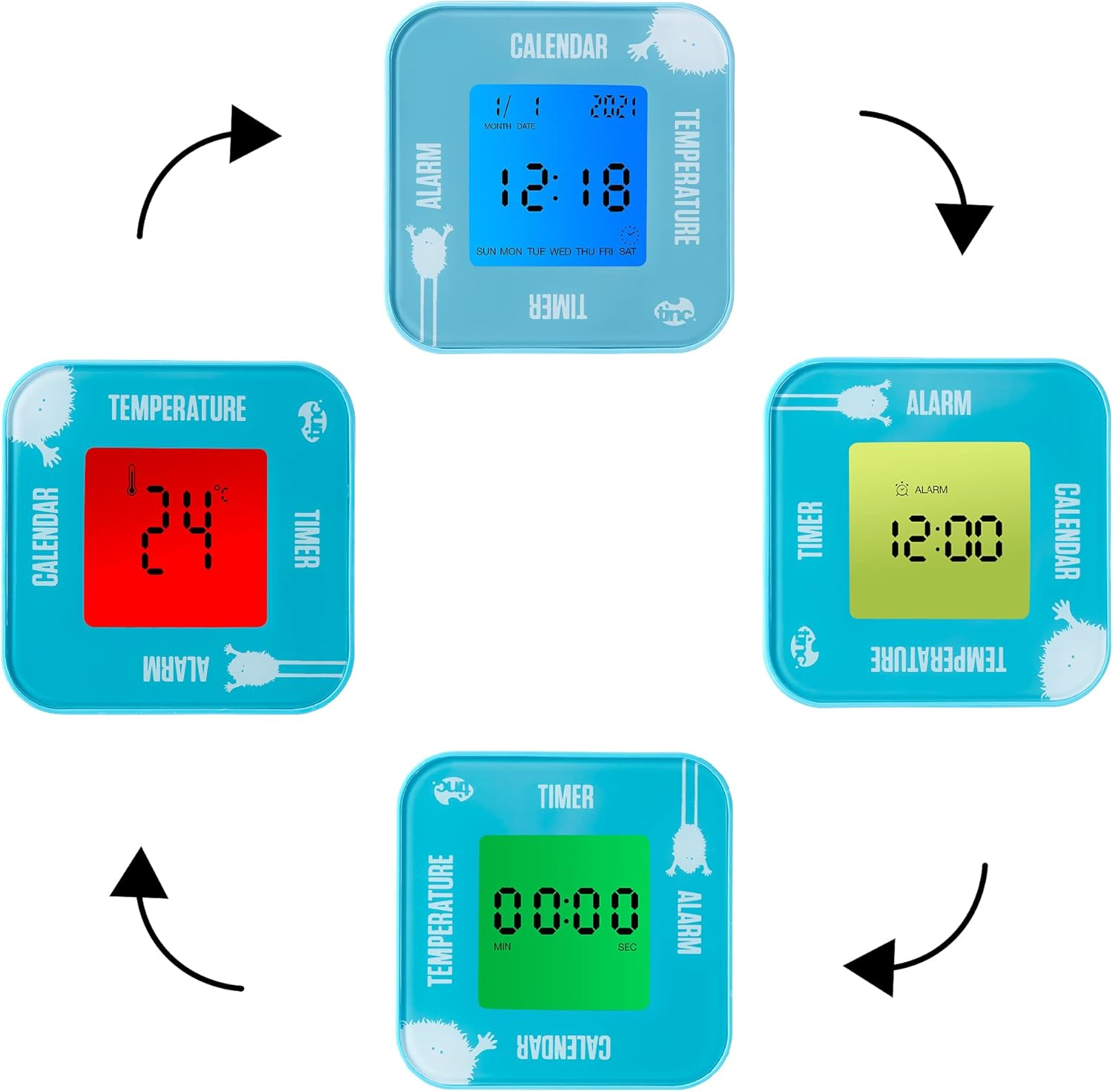 Kids Digital Alarm, Temperature, Date & Timer Rotate Flip Clock, Blue, Small