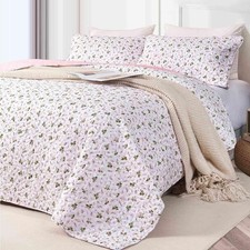 Quilt Set Queen Full Size 3 Pcs, White and Pink Floral Green Flower Pattern B...