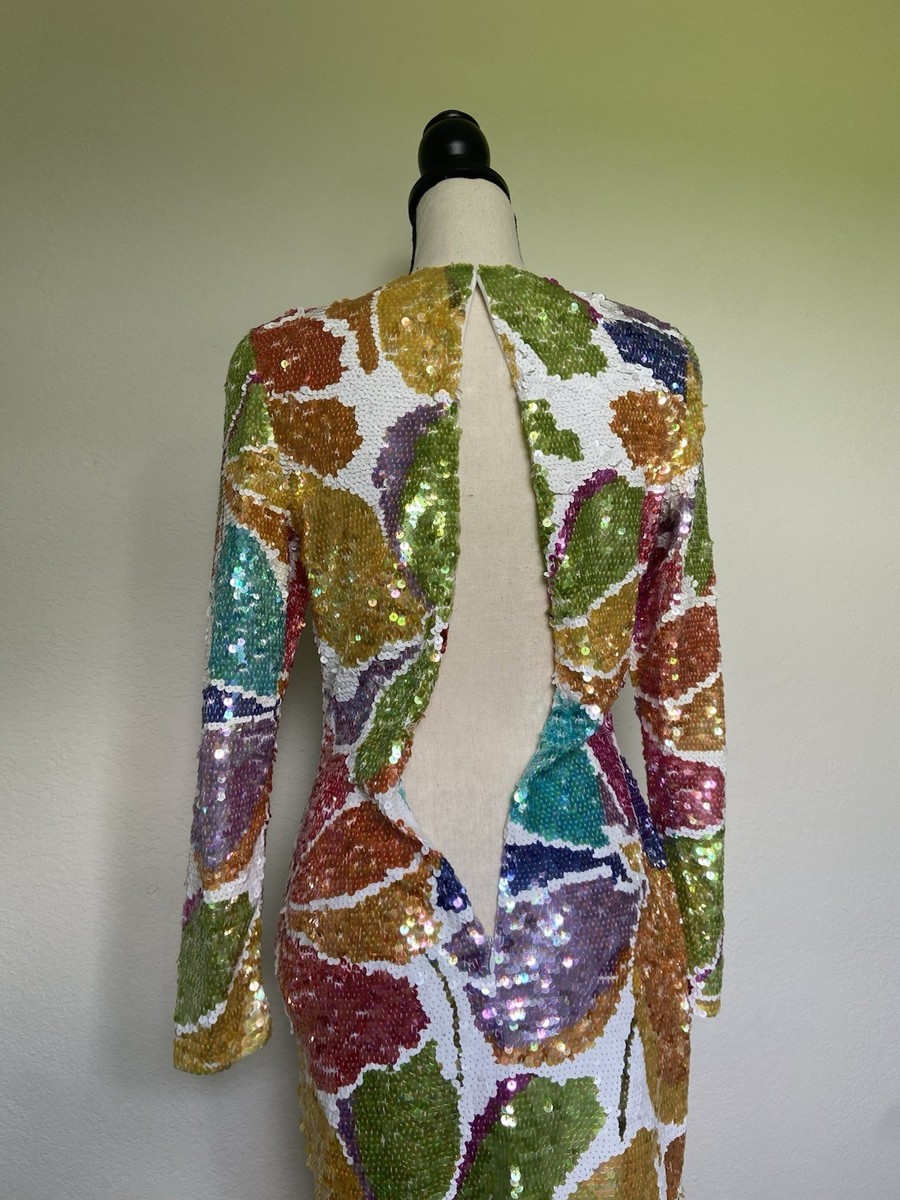1990's Iridescent Rainbow Floral Sequined Dress by Black Tie