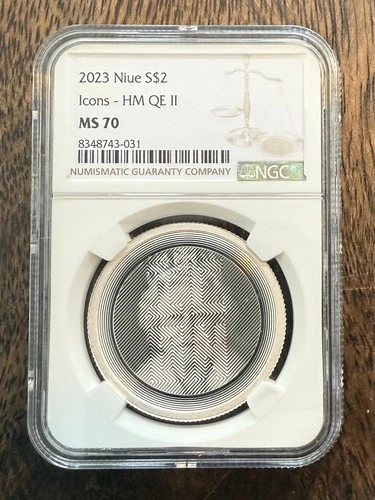 2023 Niue 1oz Silver $2 Icons - Her Majesty Queen Elizabeth II - MS70 NGC “ICON”