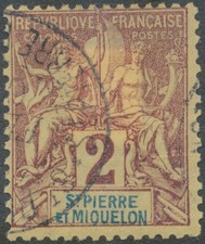 ST. PIERRE UND MIQUELON 1892, Kolonialallegorie 2 C.  gestempeltes Pra.-Stück,.