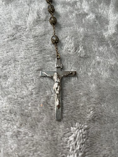Vintage Catholic Filigree Double Capped Crystal Bead Rosary Sacred Heart Center - Picture 3 of 10