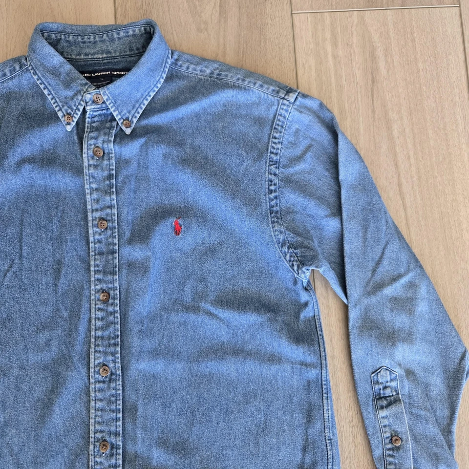 Vintage Ralph Lauren Sport Shirt Mens Medium Blue Denim Button Down Red Pony 90s - Image 2 of 4