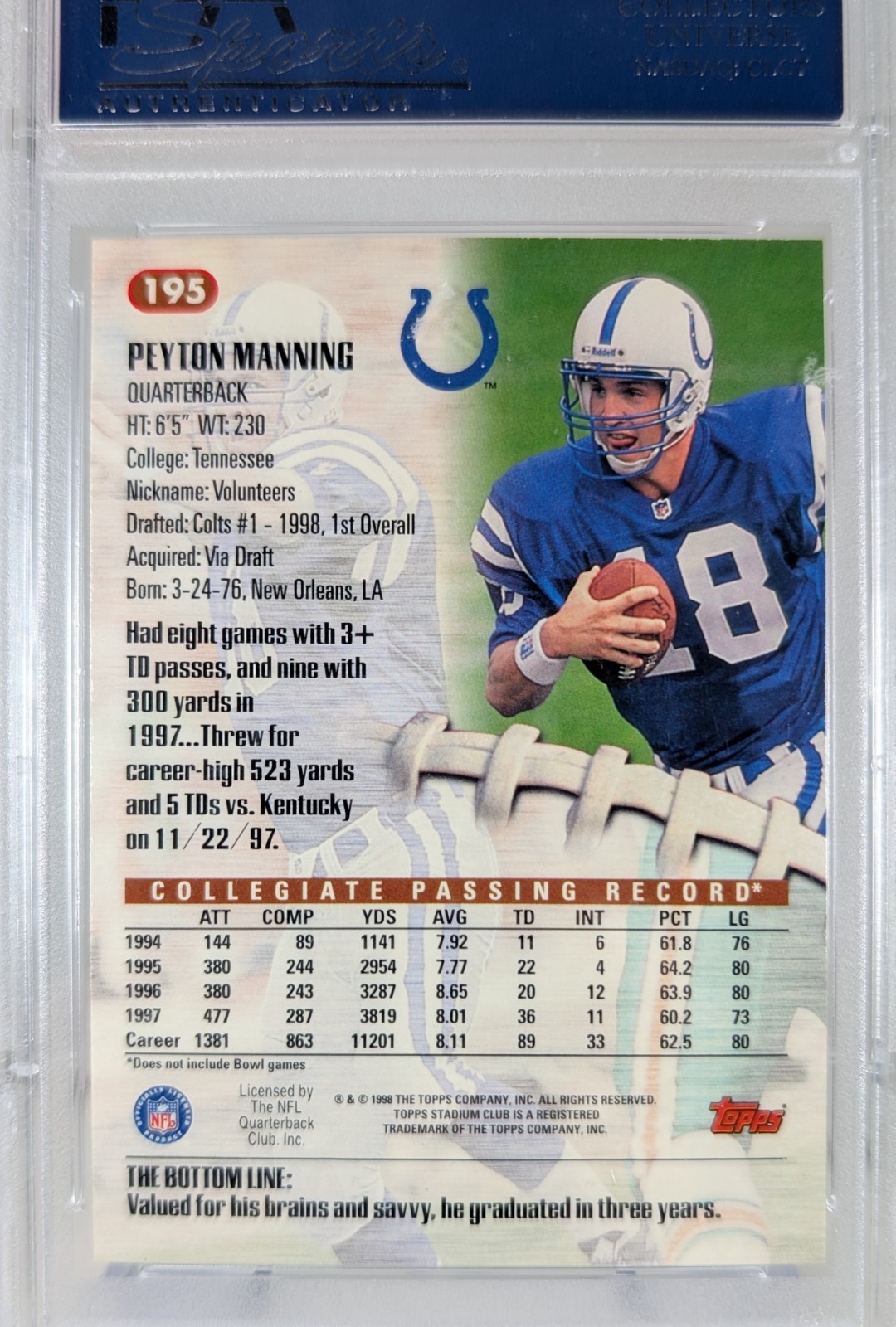 1998 Topps Stadium Club Peyton Manning Rookie - PSA 10 #195 view 5