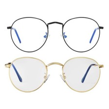Round Blue Light Glasses 50mm Metal Frame Clear Lens 2 Pack Women Men Eyeglasses