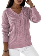 Womens Ladies Winter Cable Knitted V Neck Jumper Pullover Sweater Tops SIZE 8-22