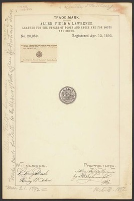 Allen Field Lawrence Trademark Registration Taurus Kangaroo Leather 1892