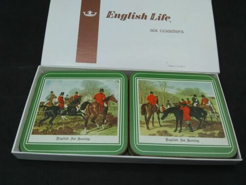 Vtg set 6 English life England  English hunting scenery cork coasters  with box - Picture 1 of 12