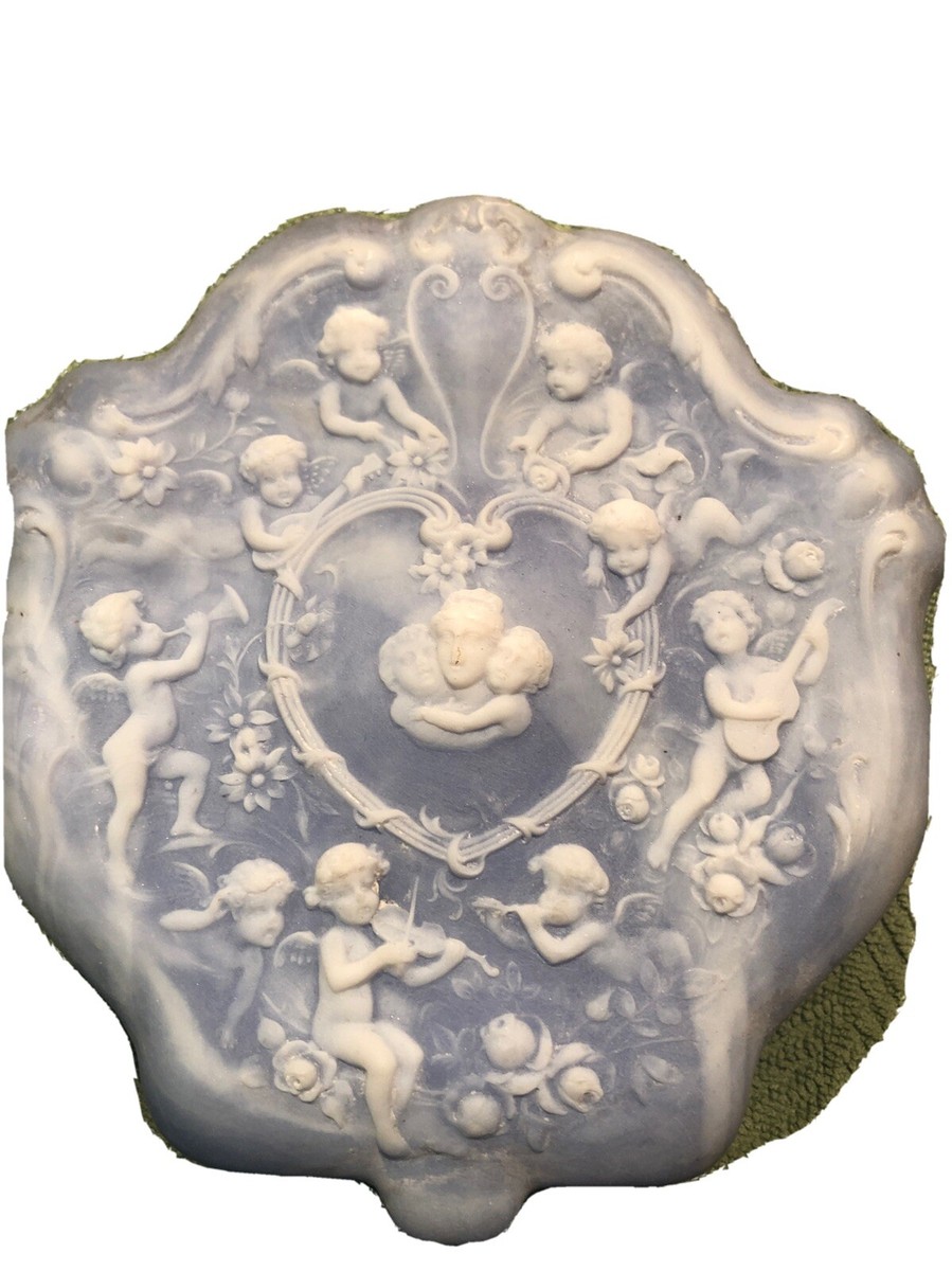 Vintage Incolay Stone Jewelry Trinket Box Blue Cherubs