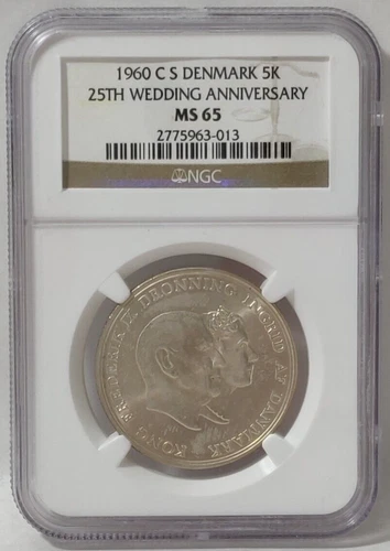 1960 DENMARK 5 KRONER 25TH ANNIVERSARY NGC MS 65