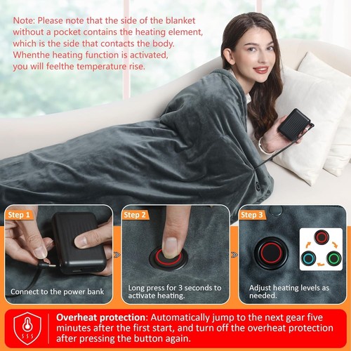 Battery Heated Blanket & Power Bank, 59" x 35.5", Soft & Comfy, 3 Heat Levels - Picture 5 of 6
