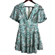 Hello Molly Dress Womens 4 Teal Blue Floral Fit & Flare Mini Fairy Feminine