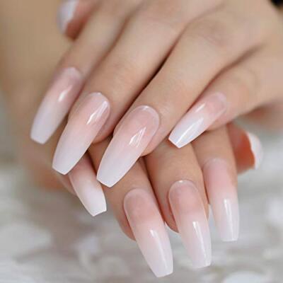  Ombre Gradient Pink Nude White French Ballerina Press on False Nails L5264