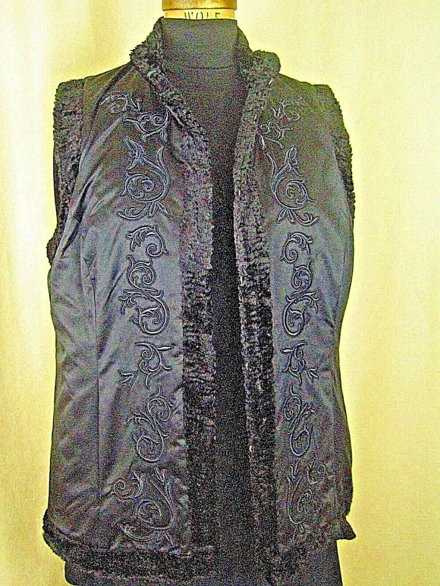 Lauren Ralph Lauren Black Vest with Faux Fur Trim and Embroidery 