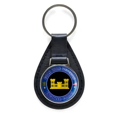 Cold War Veteran Engineer Corps Black Leather Keychain Silver Keyring Military