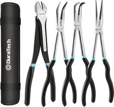 DURATECH 4PC Extra Long Needle Nose Plier Set 90°Bent Nose Plier w/Rolling Pouch