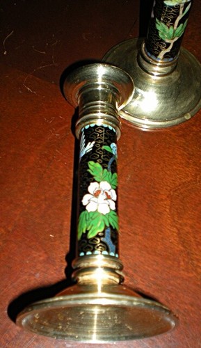 Vintage Cloisonné & Brass Candle Stick Holders - Picture 6 of 8
