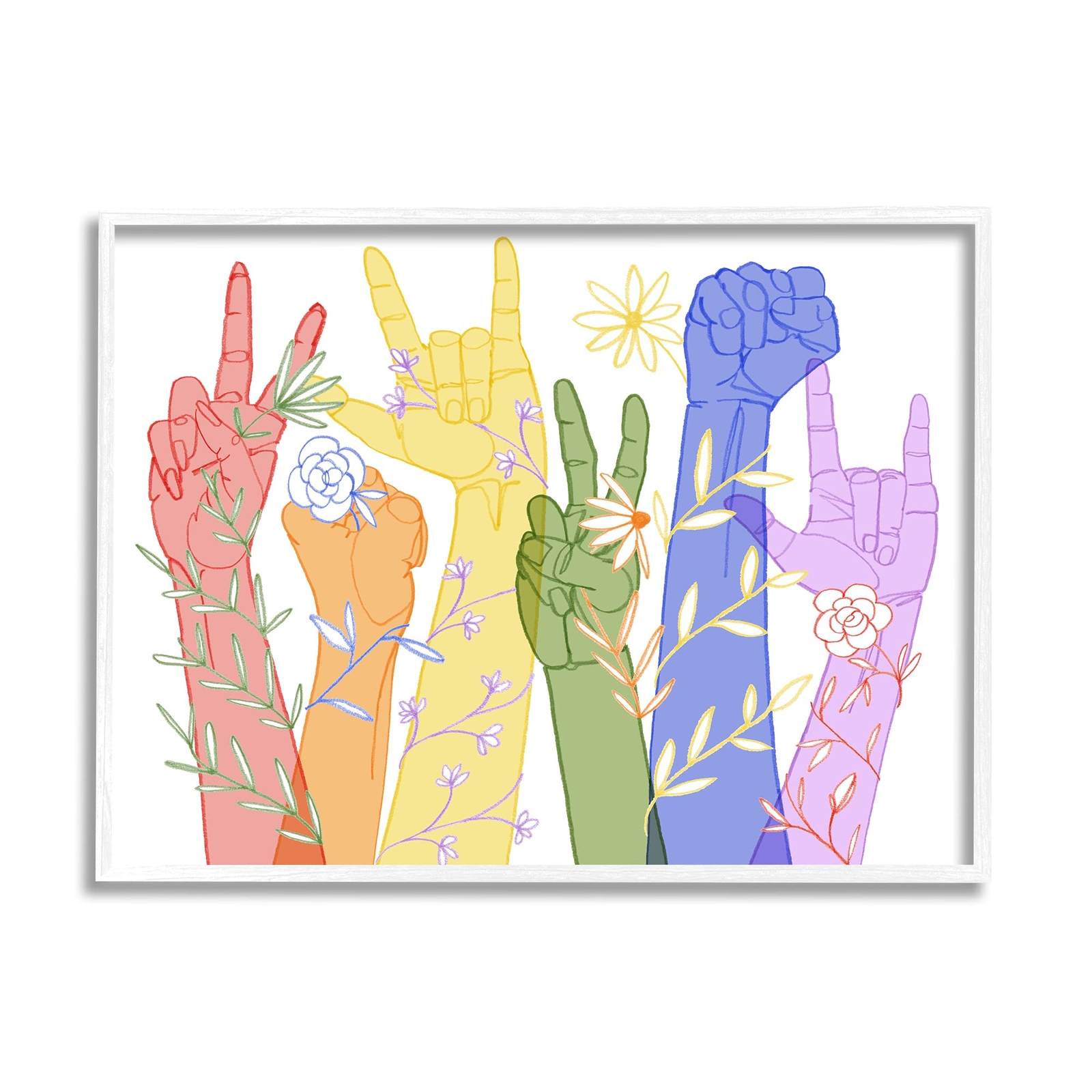 Rainbow Peace Love Caring Hand Signs ASL, Design by Grace Popp White Framed W...
