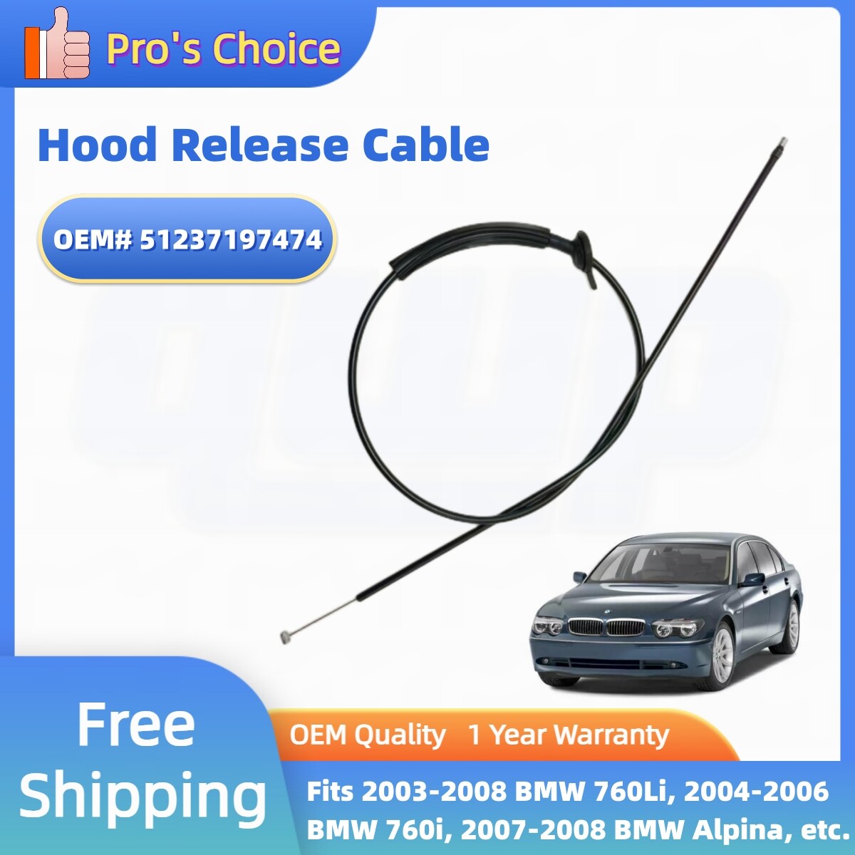 51237197474 HOOD RELEASE CONTROL CABLE FOR BMW 745i 760Li 760i 