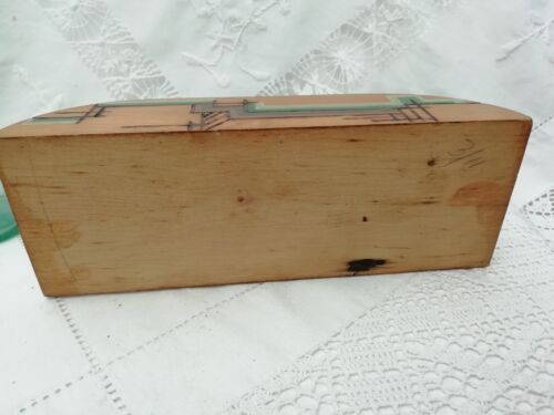 Antique Art Deco Desk Top Poker Work Wooden Ink Well Hand Painted Geometric - Picture 12 of 13
