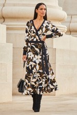 NEW Black Floral Print Contrast Trim Midi Wrap Dress size 14 Black mix