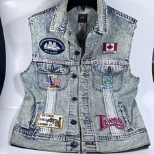 Vintage 80s Lee White Washed Denim Vest Sz Large W/ Patches PATD-153438 USA Jean
