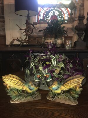 Set Of 2 Vintage Chalkware Ring Neck Pheasants 9 L X 5 7/8 H