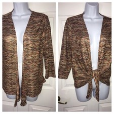 Easywear Chico's Sz 1 Brown Khaki Peach Slinky Stretch Knit Cardigan EUC