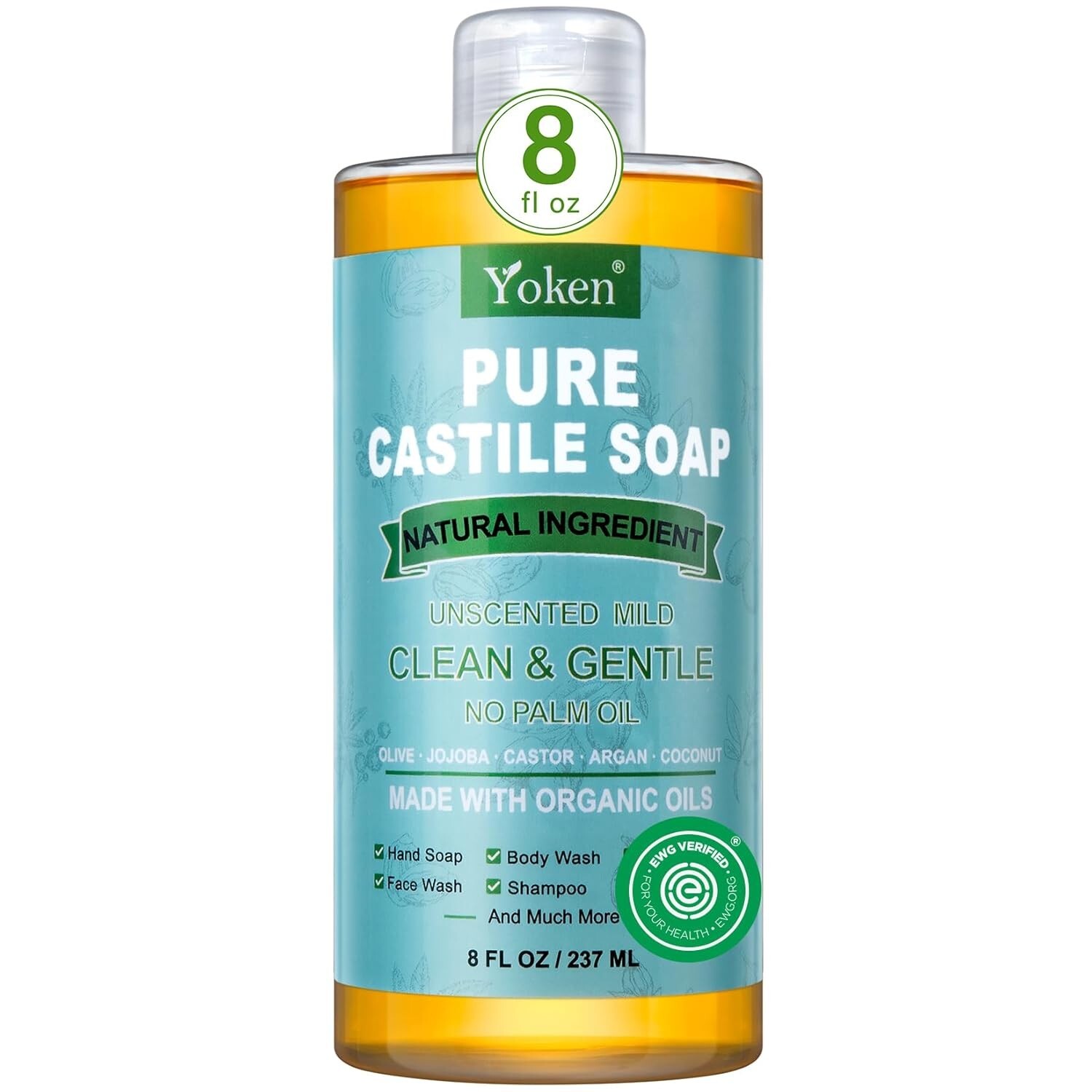Pure Castile Liquid Soap Organic (EWG Verified, Unscented, 8 OZ), Made with Orga