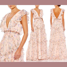 NEW 598 Mac Duggal 2 Ruffled Floral Print Cap Sleeve Gown in Pink Q529