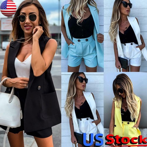 2PCS Womens Sleeveless Blazer Jacket 