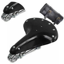 Retro Bike Saddles Genuine Leather Rivet Spring Bicycle Seat + PU Bike Front Bag