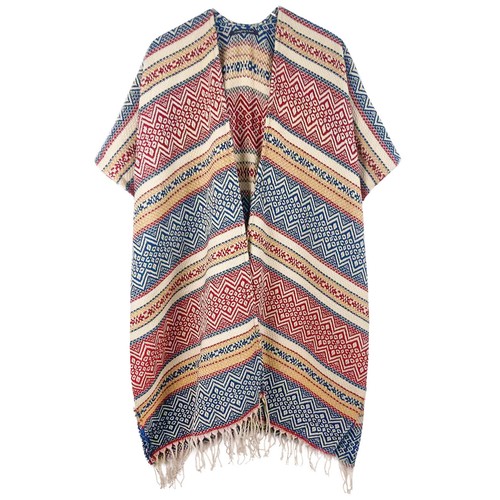 Anthropologie Style Women's Mixed Ethnic Stripe Ruana Kimono Cape Shawl - Picture 5 of 7