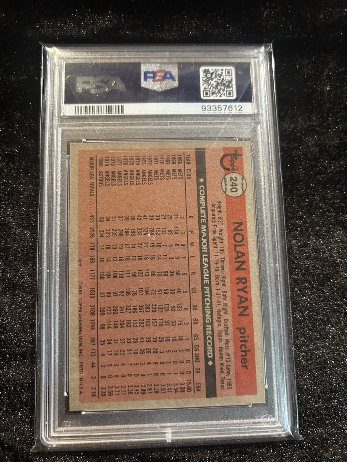 Nolan Ryan 1981 Topps #240 PSA 9 view 2