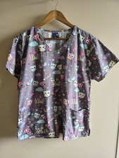 Women's Zoe Chloe Gray Multicolor Owl Short Sleeve V-neck Scrub Top Sz Large