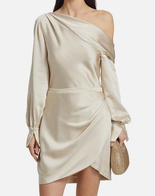 Simkhai Women's Beige Satin One-Shoulder Long Sleeve Cameron Mini Dress Size 8