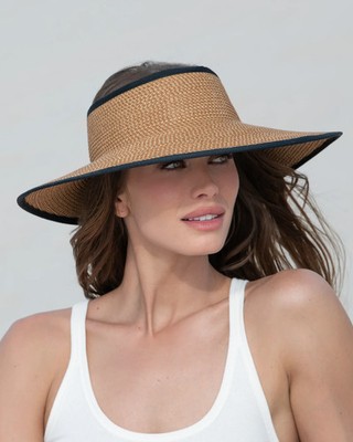 Eric Javits Squishee Visor Hat Tan Black Trim UPF 50+ Wide Brim Packable