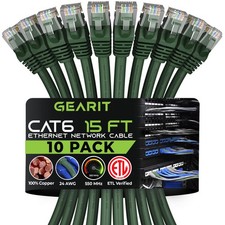 GearIT Cat 6 Ethernet Cable 10-Pack 15 Feet Cat6 Network Patch, 10Gbps - Green