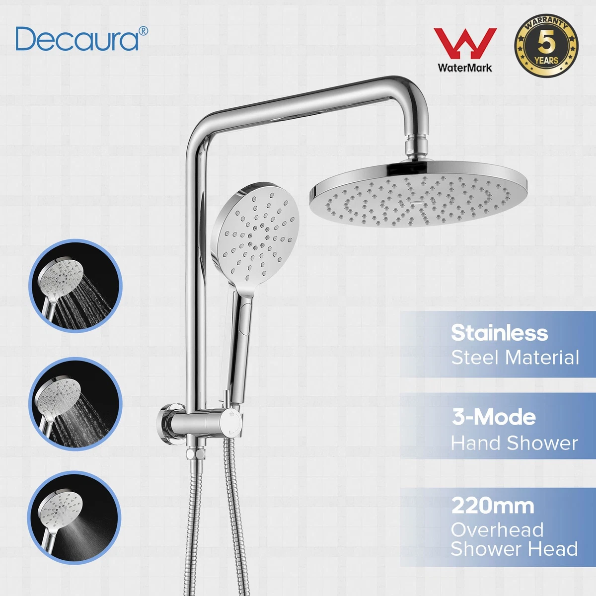Decaura Dual Shower Heads Set 9" Rain Round Chrome Gooseneck Arm 2 in 1 System