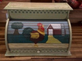 Vintage Wooden Rooster Roll Top Bread Box