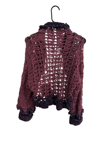 Crocheted Open Front Cardigan Sweater Burgundy Purple Chenille Cozy Whimsigoth - Picture 2 of 8