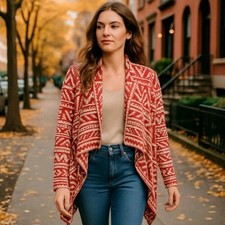 Flying Tomato Open front Cardigan Sweater Women Sm. Red  Cream Aztec Boho Chic
