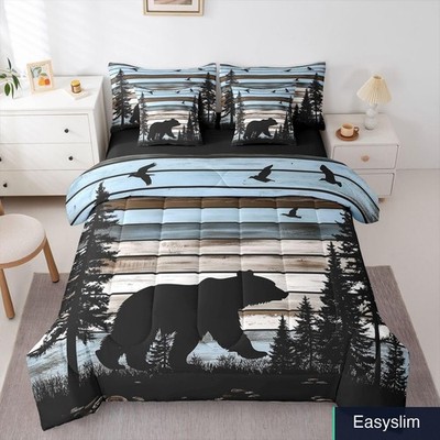 Queen Bedding Set 7 Piece Comforter Wild Bear Hunting Forest Theme