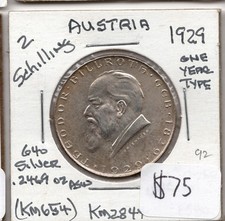 1929 2 Shilling AUSTRIA .2469oz Silver 1 Year Type World Coin KM654