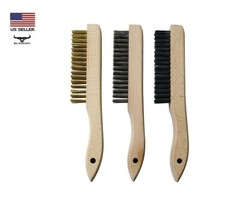3 Piece 10" Wood Shoe Handle Wire Brush Set - Stainless Steel, Brass Steel