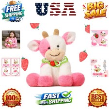 Adorable Plush Cow Toy with Knitted Cute Strawberry Bib Floppy Dairy Cattle S...