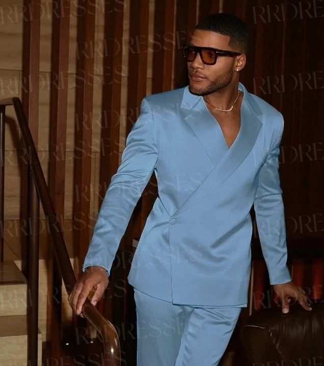 Traje de fiesta para hombre de seda satinado graduación noche 2 piezas color personalizado informal chaqueta blazer Foto 4 de 4