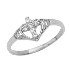 .925 Sterling Silver Cubic Zirconia Heart Cross Ring