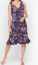Talbots Dress Women L Petite Blue Pink Paisley Knit Flounce Hem V Neck Sleeveles